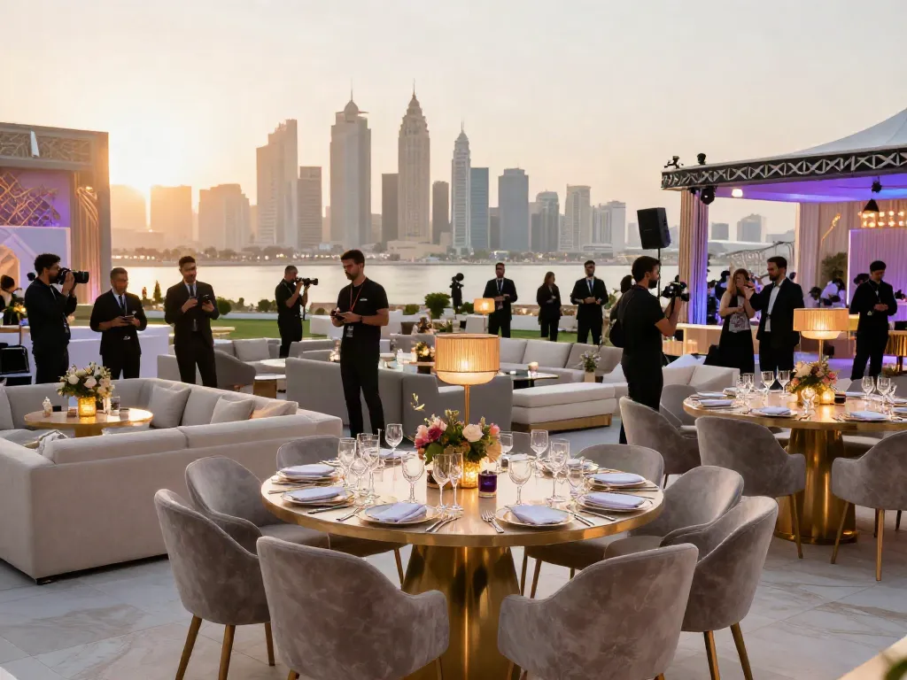 Event rental ksa setup showcasing elegant furniture and decor for a luxury venue in Riyadh.