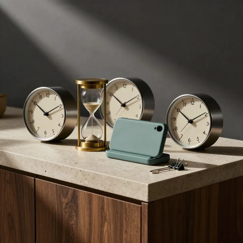 Brass hourglass, three clocks, teal phone dock and binder clips on a stone console.
