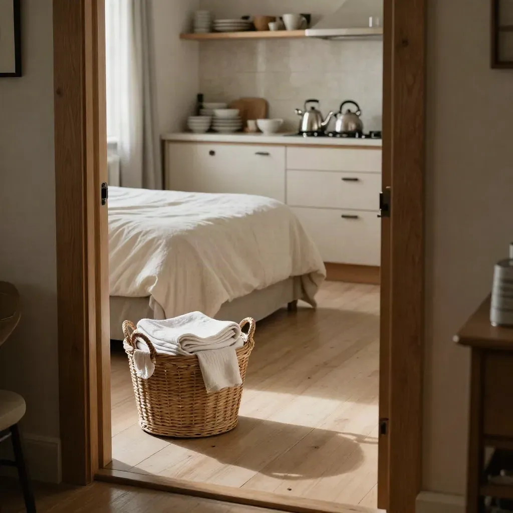 Doorway view of a tidy family home with folded laundry, stacked dishes, and a made bed.