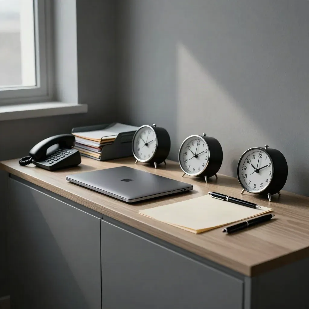Organized small office scene with clocks, closed laptop, trays, docked phone and aligned pens.