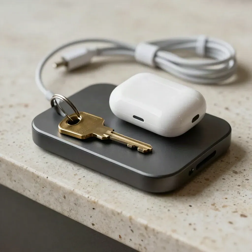 Macro still life of phone dock, earbuds case, house key and cable on travertine shelf