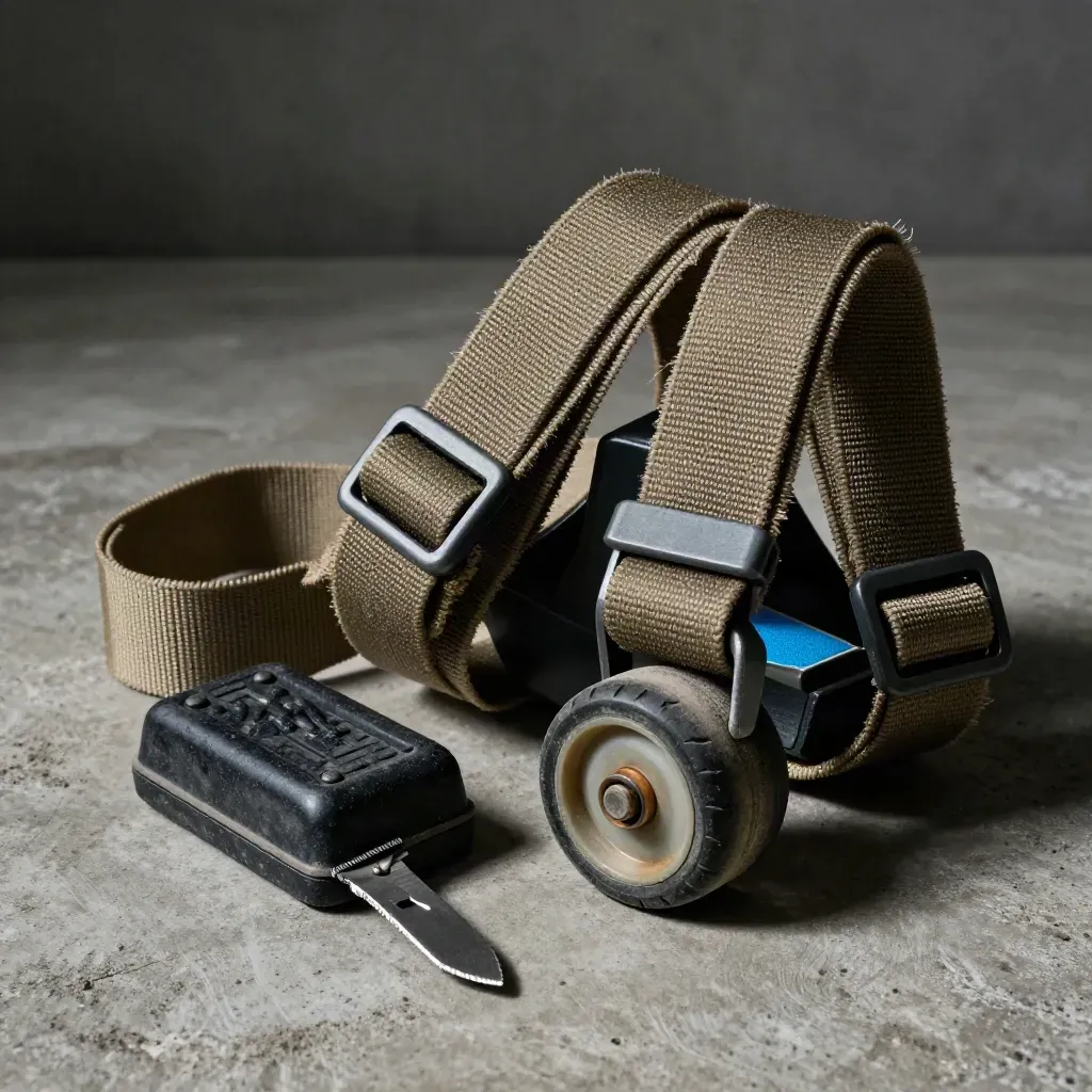 Moving straps, a doorstop, utility knife, and dolly wheel on concrete in dramatic workshop light.
