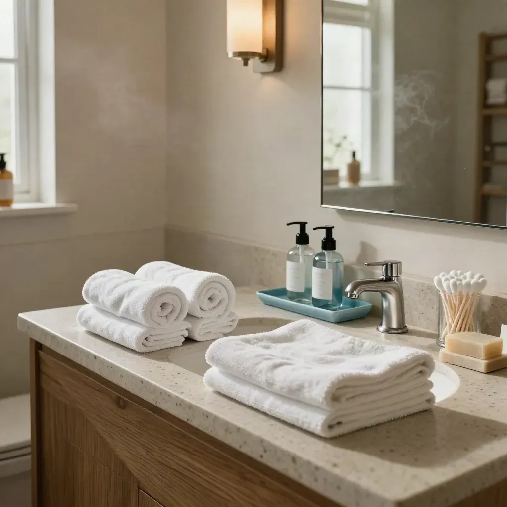 Guest-ready rental bathroom with fresh towels, restocked toiletries, and a bright clean vanity.