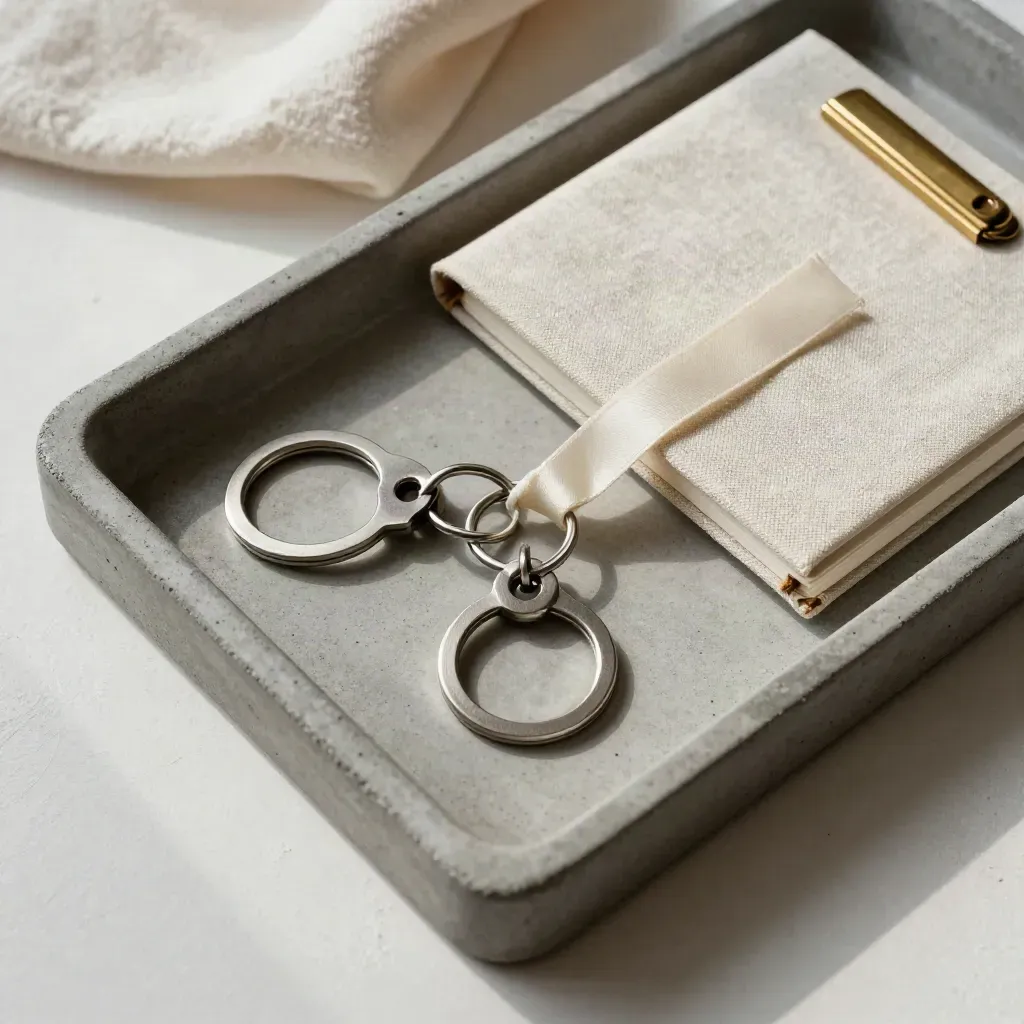 Two linked key rings, notebook, brass clip in a concrete tray with a cream cloth.